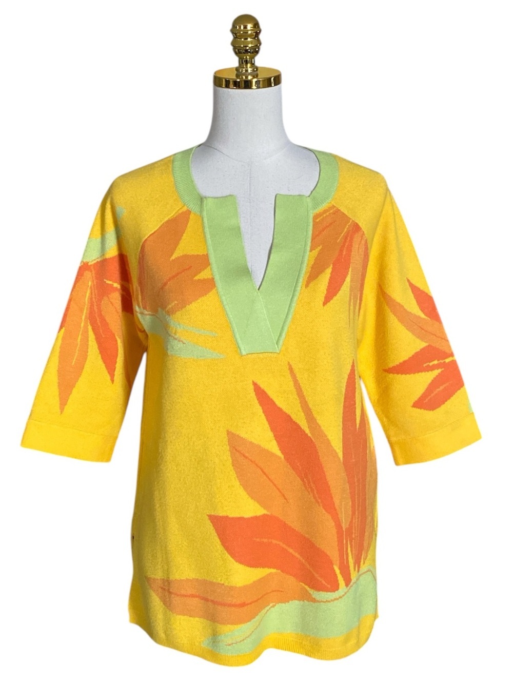 Soft Surroundings Yellow Tropical Leaf Print 3/4 Sleeves Tunic Sweater Medium